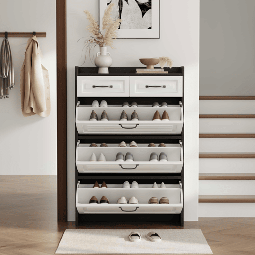 Sapateira 80x23,5x131 cm - Com 3 portas e 2 gavetas, madeira, para entrada e sala - BrancoPreto