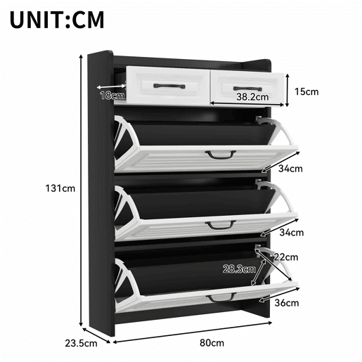Sapateira 80x23,5x131 cm - Com 3 portas e 2 gavetas, madeira, para entrada e sala - BrancoPreto