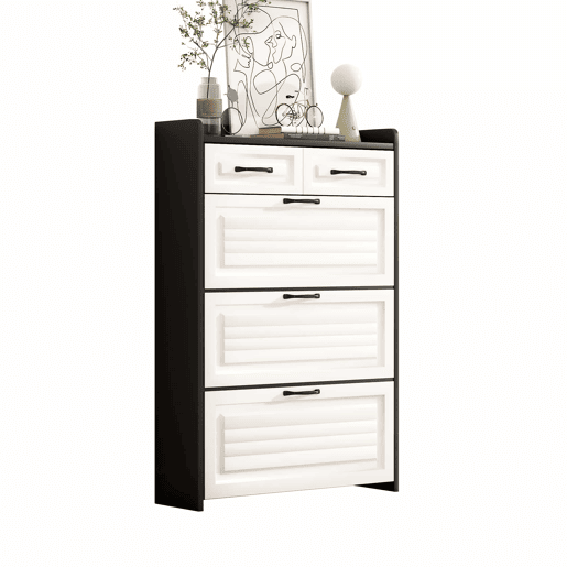Sapateira 80x23,5x131 cm - Com 3 portas e 2 gavetas, madeira, para entrada e sala - BrancoPreto