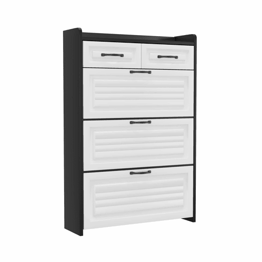 Sapateira 80x23,5x131 cm - Com 3 portas e 2 gavetas, madeira, para entrada e sala - BrancoPreto
