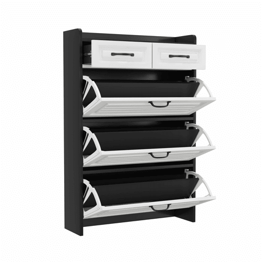 Sapateira 80x23,5x131 cm - Com 3 portas e 2 gavetas, madeira, para entrada e sala - BrancoPreto