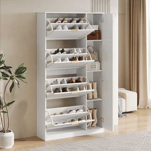Sapateira moderna 80x147x24 cm - Com espelho, 4 compartimentos, prateleira ajustável - Branca Sapateira moderna 80x147x24 cm - Com espelho, 4 compartimentos, prateleira ajustável - Branca