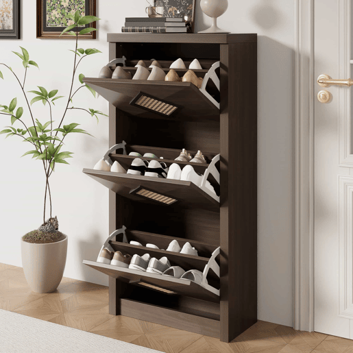 Sapateira 54x25x115 cm - 3 portas batentes, design rattan vintage - madeira