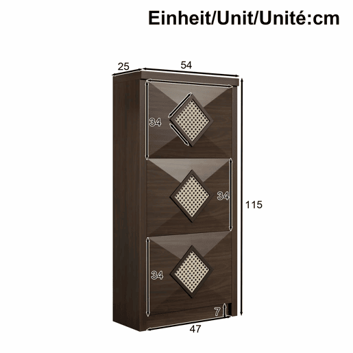 Sapateira 54x25x115 cm - 3 portas batentes, design rattan vintage - madeira