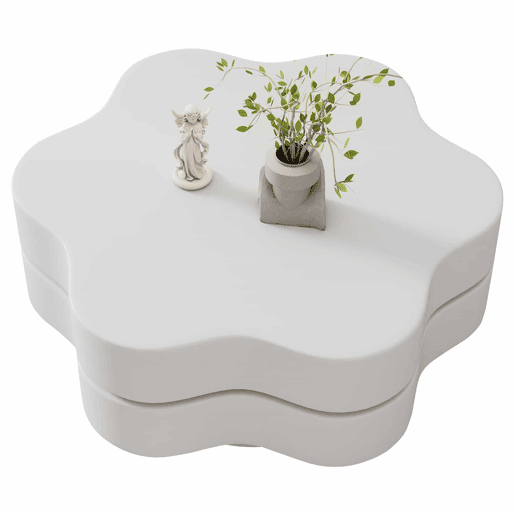 Mesa de centro 74,8 x 67,5 x 31 cm - Mesa de café em forma de flor, tampo giratório 360°, com 2 prateleiras, cor creme