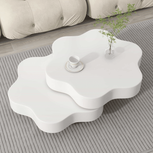 Mesa de centro 74,8 x 67,5 x 31 cm - Mesa de café em forma de flor, tampo giratório 360°, com 2 prateleiras, cor creme