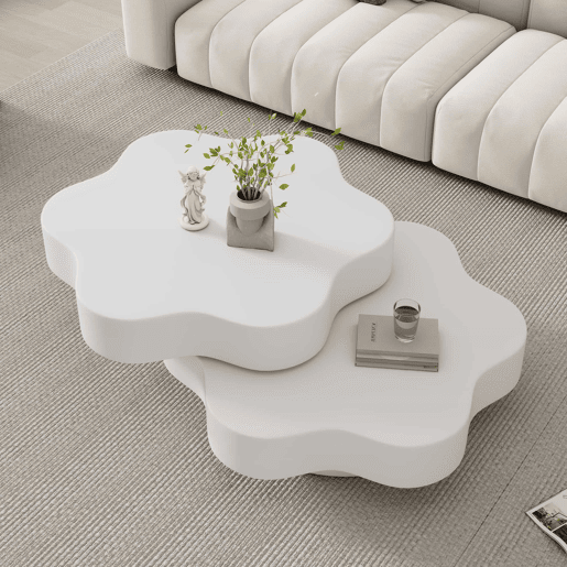 Mesa de centro 74,8 x 67,5 x 31 cm - Mesa de café em forma de flor, tampo giratório 360°, com 2 prateleiras, cor creme