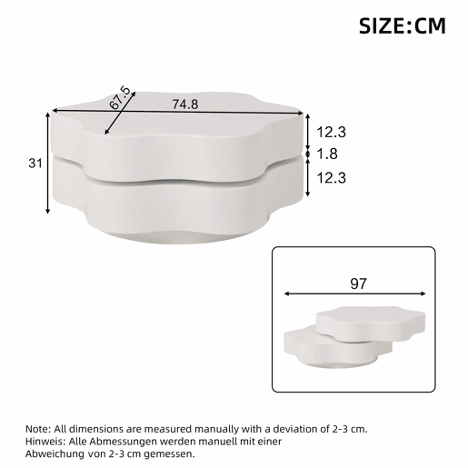 Mesa de centro 74,8 x 67,5 x 31 cm - Mesa de café em forma de flor, tampo giratório 360°, com 2 prateleiras, cor creme