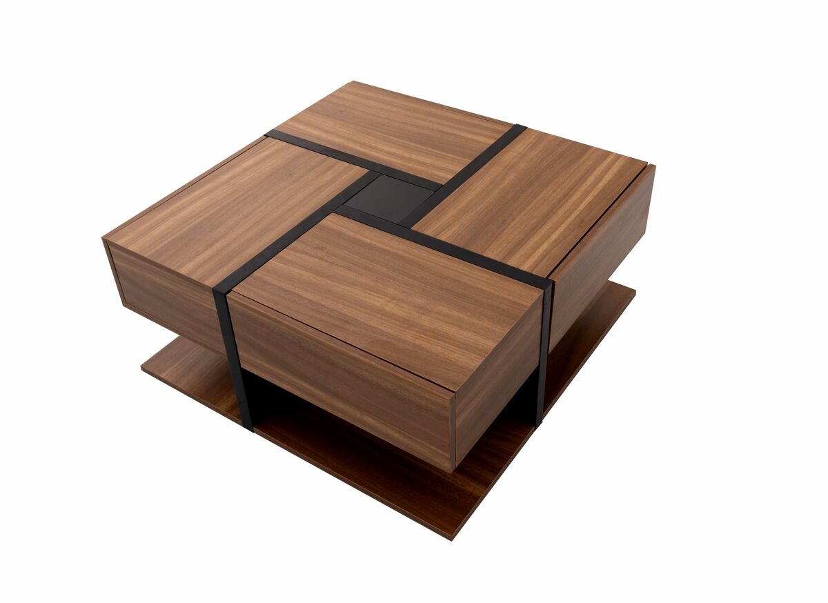 mesa de centro 78x78x36 cm - 4 cajones diseno de lineas y color unico almacenamiento inferior - natural