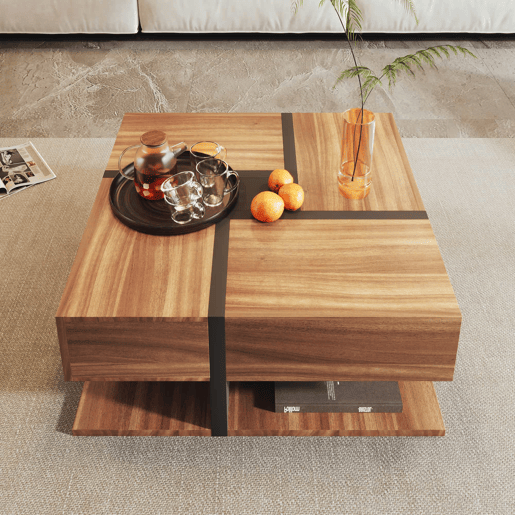 Mesa de centro 78x78x36 cm - 4 gavetas, design de linhas e cor única, arrumação inferior - Natural