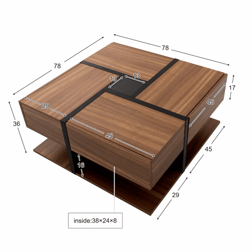 Mesa de centro 78x78x36 cm - 4 gavetas, design de linhas e cor única, arrumação inferior - Natural