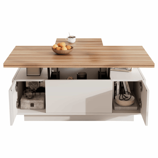 Mesa de centro moderna com mecanismo duplo elevável, arrumação oculta, suporta até 50 kg - BrancoNatural