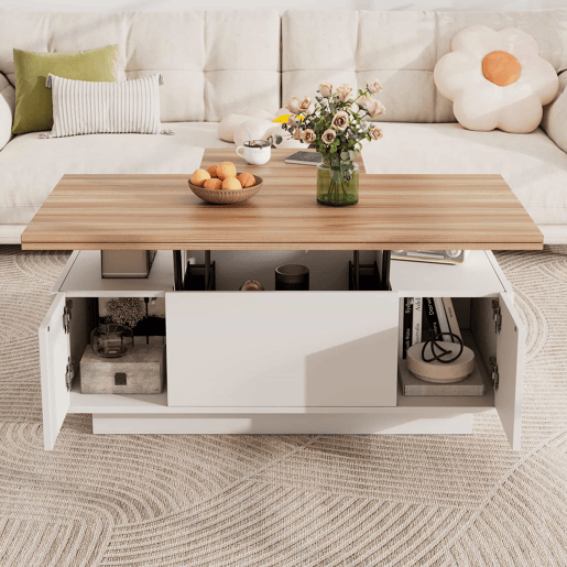 Mesa de centro moderna com mecanismo duplo elevável, arrumação oculta, suporta até 50 kg - BrancoNatural