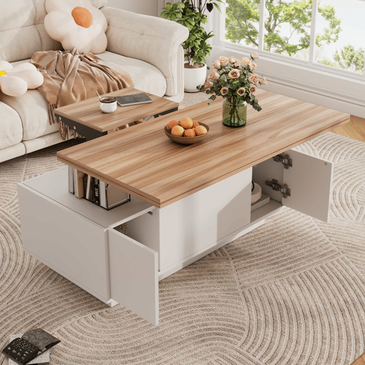 Mesa de centro moderna com mecanismo duplo elevável, arrumação oculta, suporta até 50 kg - BrancoNatural
