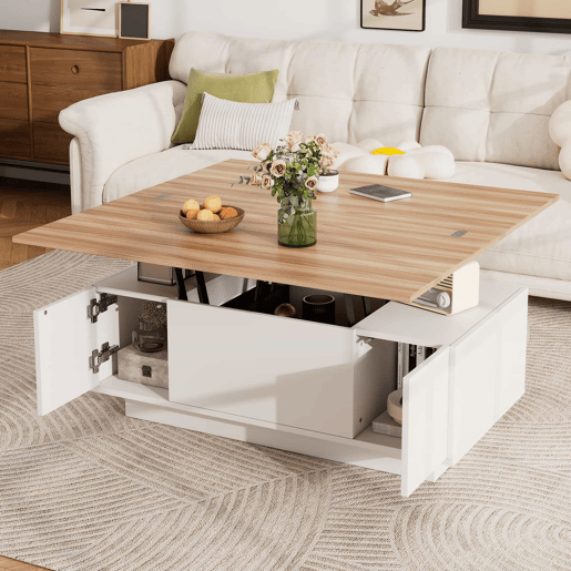 Mesa de centro moderna com mecanismo duplo elevável, arrumação oculta, suporta até 50 kg - BrancoNatural