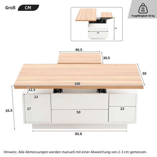 Mesa de centro moderna com mecanismo duplo elevável, arrumação oculta, suporta até 50 kg - BrancoNatural