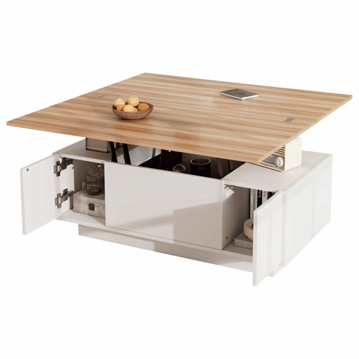 Mesa de centro moderna com mecanismo duplo elevável, arrumação oculta, suporta até 50 kg - BrancoNatural