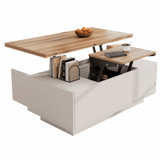 Mesa de centro moderna com mecanismo duplo elevável, arrumação oculta, suporta até 50 kg - BrancoNatural