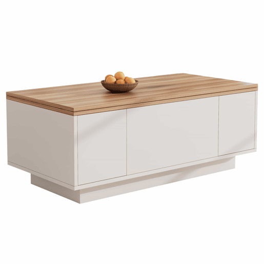 Mesa de centro moderna com mecanismo duplo elevável, arrumação oculta, suporta até 50 kg - BrancoNatural