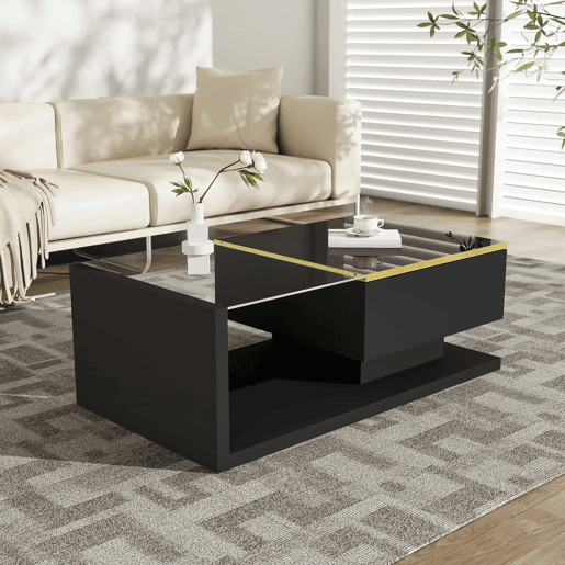 Mesa de centro 90 cm - Com vidro e efeito LED - Preto