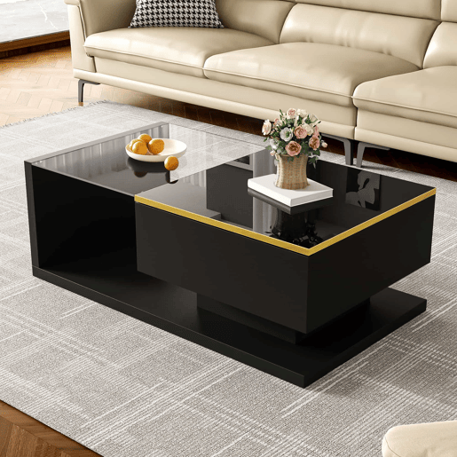 Mesa de centro 90 cm - Com vidro e efeito LED - Preto