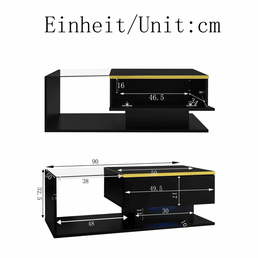 Mesa de centro 90 cm - Com vidro e efeito LED - Preto