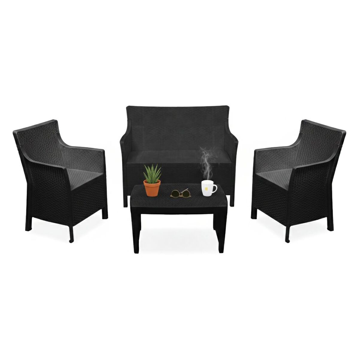 Conjunto de salón exterior 4 plazas de plástico Negro
