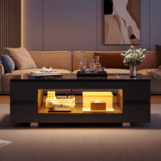 Mesa de centro LED - Tamanho padrão - Com controlo por aplicação Bluetooth, design sofisticado, para festas, escritórios, sala de estar - Preto Mesa de centro LED - Tamanho padrão - Com controlo por aplicação Bluetooth, design sofisticado, para festas, escritórios, sala de estar - Preto