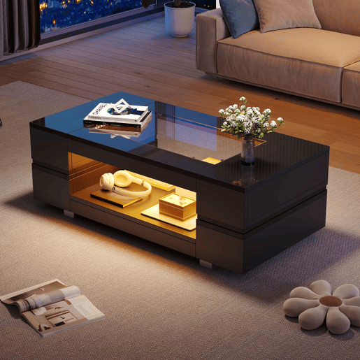 Mesa de centro LED - Tamanho padrão - Com controlo por aplicação Bluetooth, design sofisticado, para festas, escritórios, sala de estar - Preto Mesa de centro LED - Tamanho padrão - Com controlo por aplicação Bluetooth, design sofisticado, para festas, escritórios, sala de estar - Preto