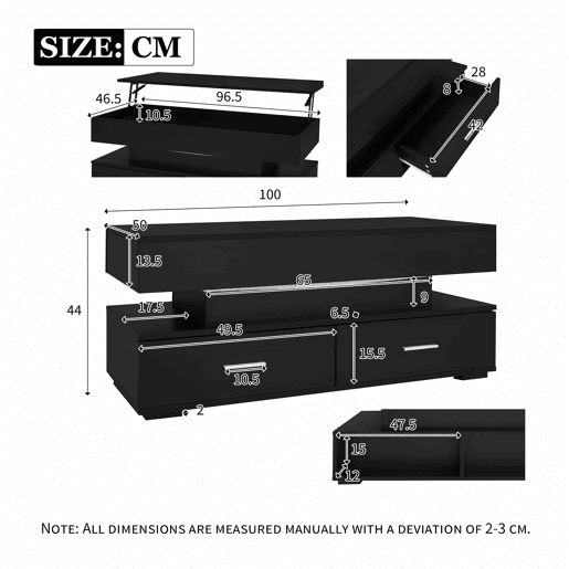 Mesa de centro regulável em altura com LED - 2 gavetas - Controlada por APP - Preto