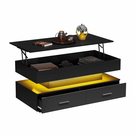 Mesa de centro regulável em altura com LED - 2 gavetas - Controlada por APP - Preto