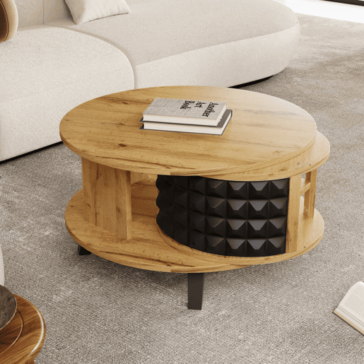Mesa de centro - com arrumação interior giratória - Natural e Preto