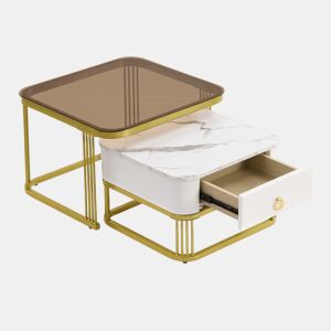 Mesa empilhável 2 peças - Marmoroptik alto brilho e vidro branco, detalhes dourados - Mesa lateral com gavetas