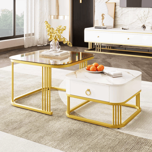 Mesa empilhável 2 peças - Marmoroptik alto brilho e vidro branco, detalhes dourados - Mesa lateral com gavetas