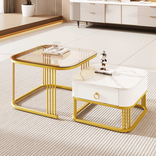Mesa empilhável 2 peças - Marmoroptik alto brilho e vidro branco, detalhes dourados - Mesa lateral com gavetas