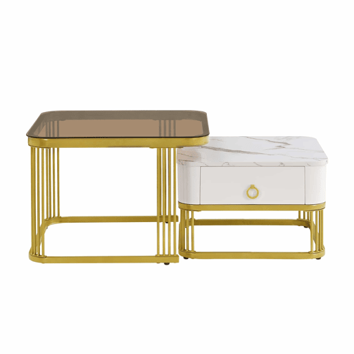 Mesa empilhável 2 peças - Marmoroptik alto brilho e vidro branco, detalhes dourados - Mesa lateral com gavetas
