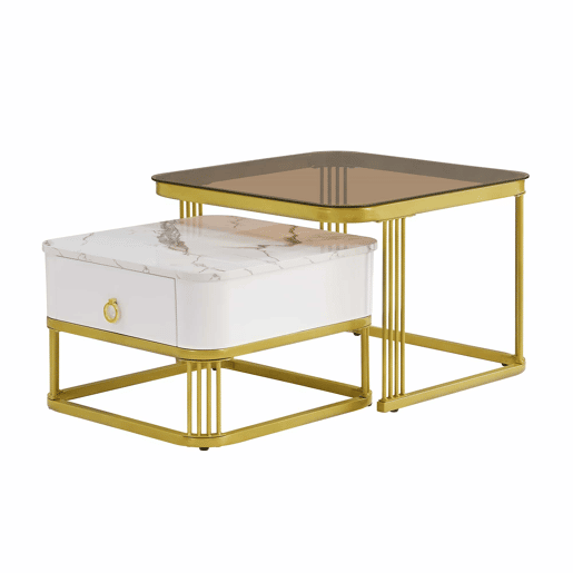 Mesa empilhável 2 peças - Marmoroptik alto brilho e vidro branco, detalhes dourados - Mesa lateral com gavetas
