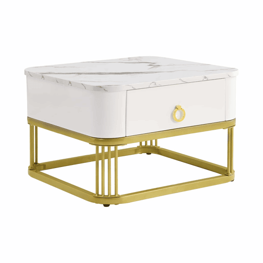 Mesa empilhável 2 peças - Marmoroptik alto brilho e vidro branco, detalhes dourados - Mesa lateral com gavetas