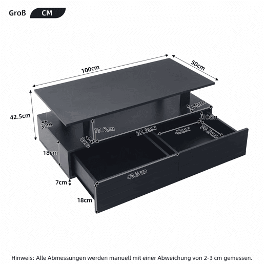 Mesa de centro LED - Características de armazenamento - Preto