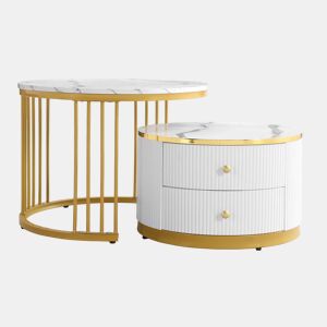 Conjunto de mesas de centro empilháveis 60x60x45,5 cm e 50x50x32 cm - Mesas redondas com acabamento em mármore, 2 gavetas, carga até 30 kg - Branco