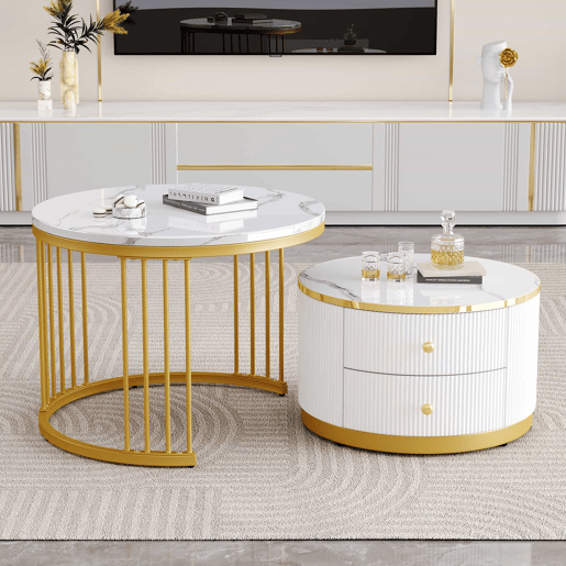 Conjunto de mesas de centro empilháveis 60x60x45,5 cm e 50x50x32 cm - Mesas redondas com acabamento em mármore, 2 gavetas, carga até 30 kg - Branco Conjunto de mesas de centro empilháveis 60x60x45,5 cm e 50x50x32 cm - Mesas redondas com acabamento em mármore, 2 gavetas, carga até 30 kg - Branco
