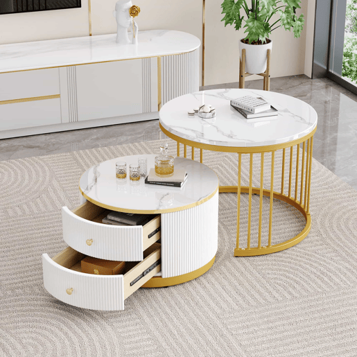 Conjunto de mesas de centro empilháveis 60x60x45,5 cm e 50x50x32 cm - Mesas redondas com acabamento em mármore, 2 gavetas, carga até 30 kg - Branco Conjunto de mesas de centro empilháveis 60x60x45,5 cm e 50x50x32 cm - Mesas redondas com acabamento em mármore, 2 gavetas, carga até 30 kg - Branco