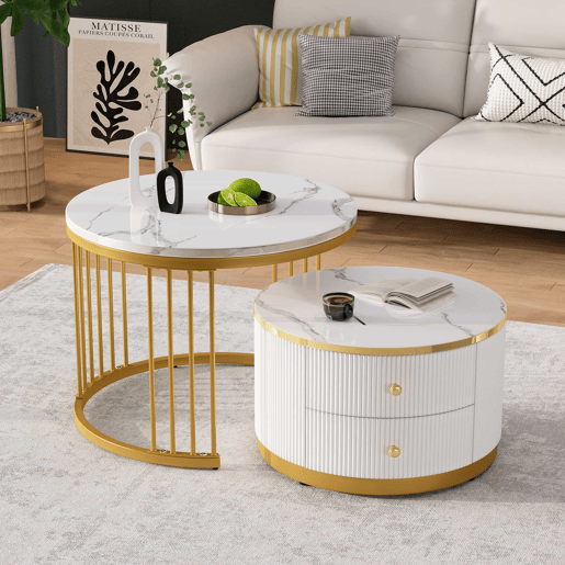 Conjunto de mesas de centro empilháveis 60x60x45,5 cm e 50x50x32 cm - Mesas redondas com acabamento em mármore, 2 gavetas, carga até 30 kg - Branco Conjunto de mesas de centro empilháveis 60x60x45,5 cm e 50x50x32 cm - Mesas redondas com acabamento em mármore, 2 gavetas, carga até 30 kg - Branco