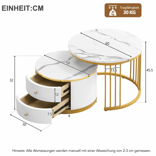 Conjunto de mesas de centro empilháveis 60x60x45,5 cm e 50x50x32 cm - Mesas redondas com acabamento em mármore, 2 gavetas, carga até 30 kg - Branco Conjunto de mesas de centro empilháveis 60x60x45,5 cm e 50x50x32 cm - Mesas redondas com acabamento em mármore, 2 gavetas, carga até 30 kg - Branco
