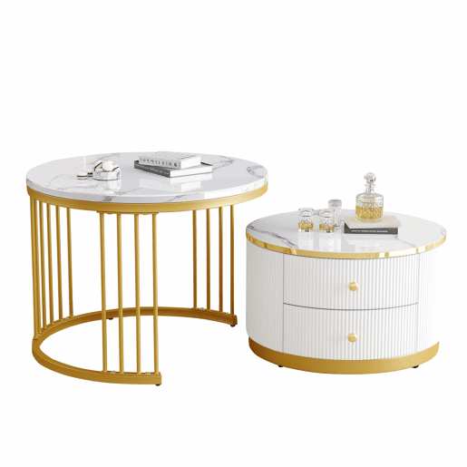 Conjunto de mesas de centro empilháveis 60x60x45,5 cm e 50x50x32 cm - Mesas redondas com acabamento em mármore, 2 gavetas, carga até 30 kg - Branco Conjunto de mesas de centro empilháveis 60x60x45,5 cm e 50x50x32 cm - Mesas redondas com acabamento em mármore, 2 gavetas, carga até 30 kg - Branco