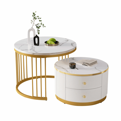 Conjunto de mesas de centro empilháveis 60x60x45,5 cm e 50x50x32 cm - Mesas redondas com acabamento em mármore, 2 gavetas, carga até 30 kg - Branco Conjunto de mesas de centro empilháveis 60x60x45,5 cm e 50x50x32 cm - Mesas redondas com acabamento em mármore, 2 gavetas, carga até 30 kg - Branco