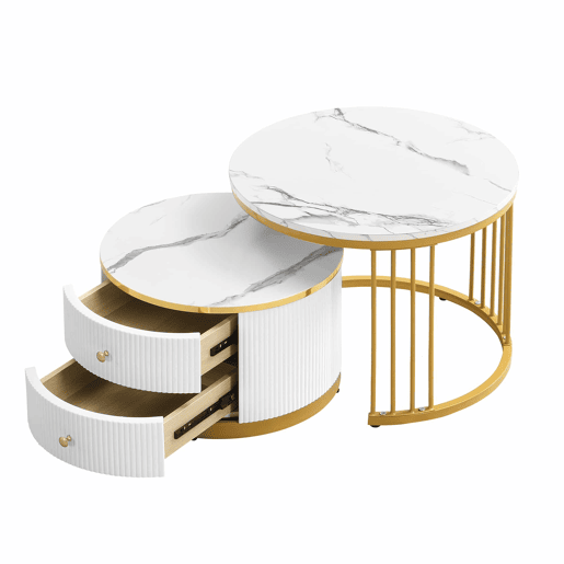 Conjunto de mesas de centro empilháveis 60x60x45,5 cm e 50x50x32 cm - Mesas redondas com acabamento em mármore, 2 gavetas, carga até 30 kg - Branco Conjunto de mesas de centro empilháveis 60x60x45,5 cm e 50x50x32 cm - Mesas redondas com acabamento em mármore, 2 gavetas, carga até 30 kg - Branco