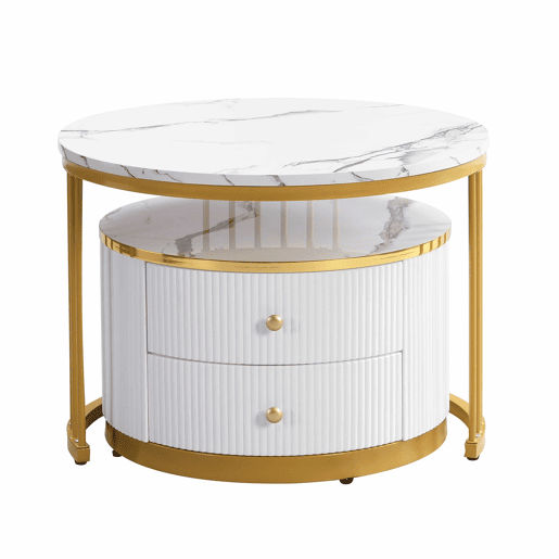 Conjunto de mesas de centro empilháveis 60x60x45,5 cm e 50x50x32 cm - Mesas redondas com acabamento em mármore, 2 gavetas, carga até 30 kg - Branco Conjunto de mesas de centro empilháveis 60x60x45,5 cm e 50x50x32 cm - Mesas redondas com acabamento em mármore, 2 gavetas, carga até 30 kg - Branco