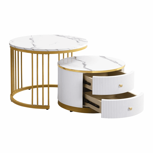 Conjunto de mesas de centro empilháveis 60x60x45,5 cm e 50x50x32 cm - Mesas redondas com acabamento em mármore, 2 gavetas, carga até 30 kg - Branco Conjunto de mesas de centro empilháveis 60x60x45,5 cm e 50x50x32 cm - Mesas redondas com acabamento em mármore, 2 gavetas, carga até 30 kg - Branco