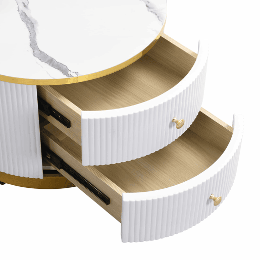 Conjunto de mesas de centro empilháveis 60x60x45,5 cm e 50x50x32 cm - Mesas redondas com acabamento em mármore, 2 gavetas, carga até 30 kg - Branco Conjunto de mesas de centro empilháveis 60x60x45,5 cm e 50x50x32 cm - Mesas redondas com acabamento em mármore, 2 gavetas, carga até 30 kg - Branco